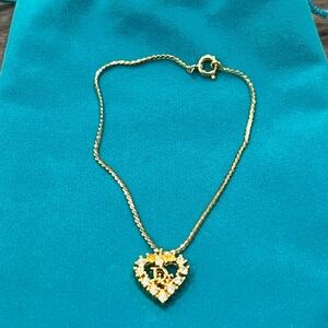 Authentic Christian Dior Heart Rhinestone Crystal Oblique Logo Gold Bracelet